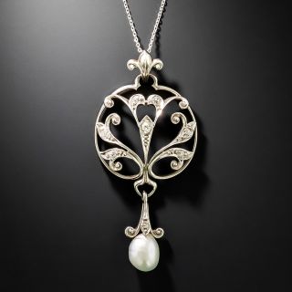 Edwardian Diamond and Natural Pearl Drop Lavaliere - 2