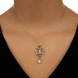 Edwardian Diamond and Natural Pearl Drop Lavaliere