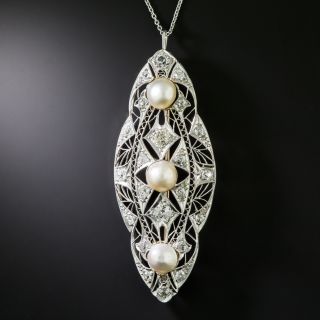 Edwardian Diamond and Natural Pearl Filigree Pendant/Brooch - GIA  - 3