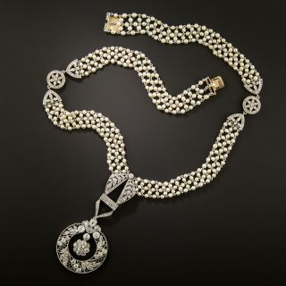 Edwardian Diamond and  Natural Pearl Sautoir Necklace - 4