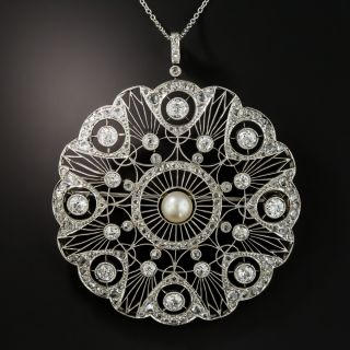 Edwardian Diamond Natural Pearl Circle Pendent Brooch - 2