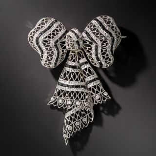Edwardian Diamond and Onyx Bow Knot Brooch, French - 9