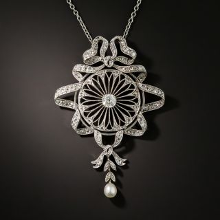 Edwardian Diamond and Pearl Bow and Ribbon Lavalière  - 2