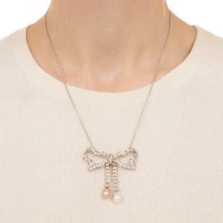 Edwardian Diamond and Pearl Bow Necklace