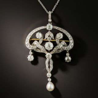 Edwardian Diamond and Pearl Drop Pendant/Pin - 2