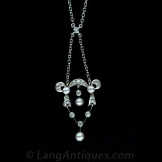 Edwardian Diamond and Pearl Lavalier Necklace Main View