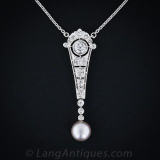 Edwardian Diamond and Pearl Pendant Necklace