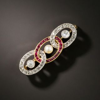Edwardian Diamond and Ruby Interlocking Oval Brooch