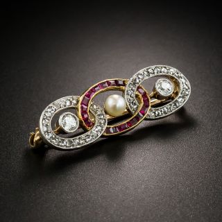 Edwardian Diamond and Ruby Interlocking Oval Brooch - 4