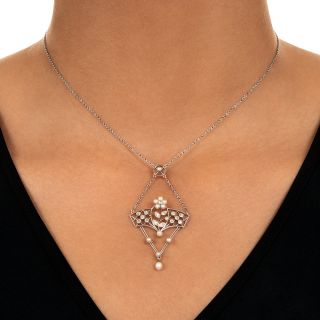Edwardian Diamond and Seed Pearl Pendant Necklace