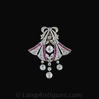 Edwardian Diamond and Synthetic Ruby Bow and Ribbon Motif Pin Main View