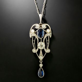 Edwardian Diamond and Unheated Montana Sapphire Pendant - AGL - 4