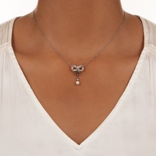 Edwardian Diamond Bow and Natural Pearl Lavaliere