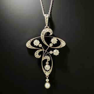 Edwardian Diamond Necklace with Natural Pearl Drop - 4