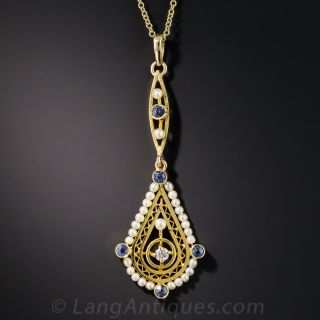 Edwardian Diamond Sapphire and Seed Pearl Lavalier