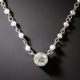 Edwardian Diamond Solitaire on Natural Pearl Necklace - 3