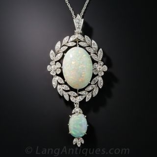 Edwardian Double Opal Platinum Diamond Pendant