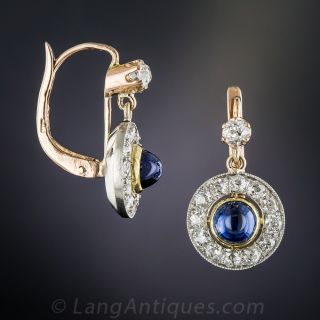 Edwardian/Early-Art Deco Cabochon Sapphire and Diamond Earrings