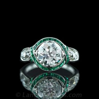 Edwardian Emerald Calibre and Diamond Ring Main View