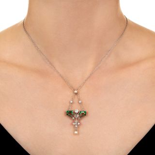 Edwardian Emerald, Diamond and Natural Pearl Lavalière/Brooch