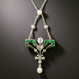 Edwardian Emerald, Diamond and Natural Pearl Lavalière/Brooch - 2