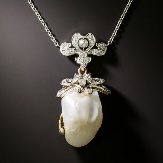Edwardian Freshwater Pearl and Diamond Drop Necklace - 3