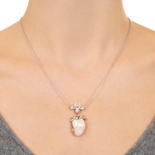 Edwardian Freshwater Pearl and Diamond Drop Necklace