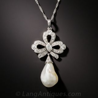 Edwardian Freshwater Pearl and Diamond Drop