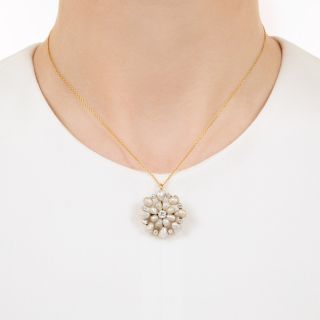 Edwardian Freshwater Pearl and Diamond Floral Pin/Pendant