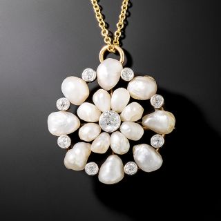 Edwardian Freshwater Pearl and Diamond Floral Pin/Pendant - 2