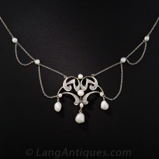 Edwardian Freshwater Pearl and Diamond Necklace - 3