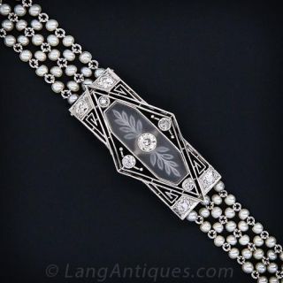 Edwardian Frosted Crystal, Diamond, Platinum and Natural Pearl Bracelet