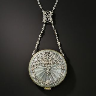 Edwardian Guilloche Enamel and Diamond Pendant Watch Necklace - 2