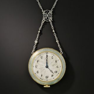 Edwardian Guilloche Enamel and Diamond Pendant Watch Necklace