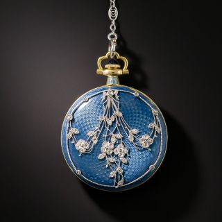 Edwardian Guilloche Enamel and Diamond Pendant Watch Necklace - 2