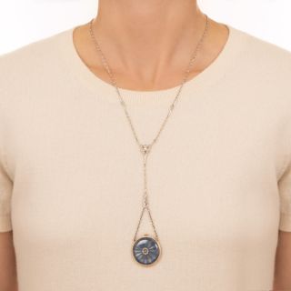 Edwardian Guilloché Enamel Pendant Watch With Diamond and Pearl Chain