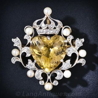 Edwardian Heart Shape Citrine, Diamond  and Seed Pearl Pin and Pendant