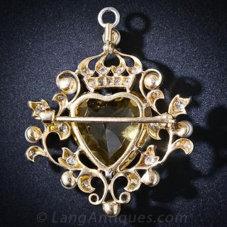Edwardian Heart Shape Citrine, Diamond  and Seed Pearl Pin and Pendant