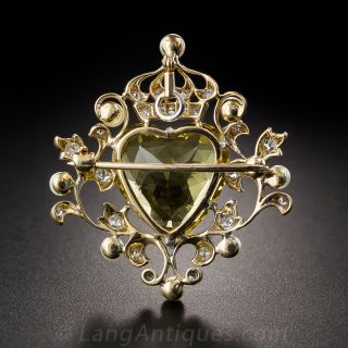 Edwardian Heart-Shaped Golden Beryl, Diamond  and Seed Pearl Pin and Pendant