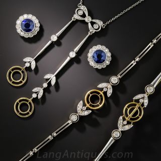 Edwardian Interchangeable Synthetic Sapphire, Diamond Necklace, Bracelet and Bar Pin Set