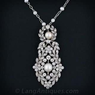 Edwardian J.E. Caldwell Diamond and Pearl Pendant Necklace