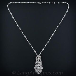 Edwardian J.E. Caldwell Diamond and Pearl Pendant Necklace