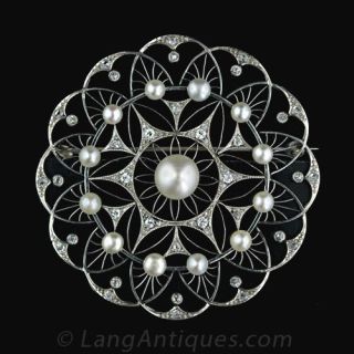 Edwardian Lacy Diamond and Natural Pearl Pin Main View