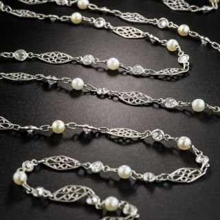Edwardian Long Natural Pearl and Diamond Chain - 2