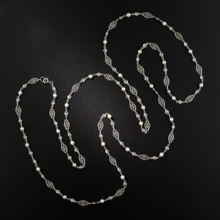 Edwardian Long Natural Pearl and Diamond Chain