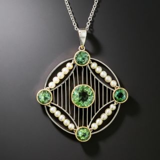 Edwardian Lovely Green Tourmaline and Natural Pearl Pendant - 3