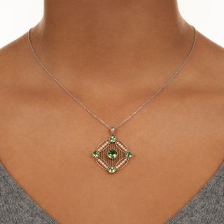 Edwardian Lovely Green Tourmaline and Natural Pearl Pendant