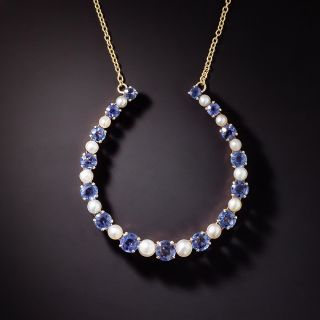 Edwardian Montana Sapphire and Pearl Horseshoe Pendant - 1