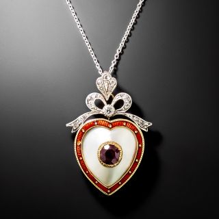 Edwardian Mother-of-Pearl, Ruby and Diamond Heart Pendant - 2
