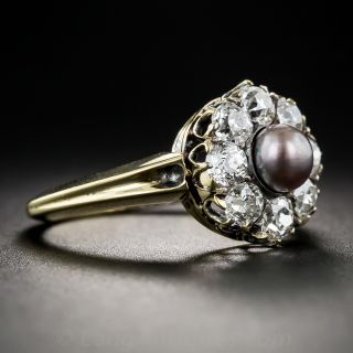 Edwardian Natural Black Pearl and Diamond Ring
